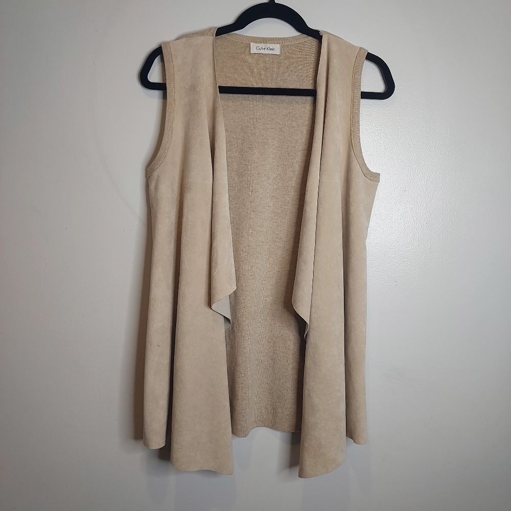 Calvin Klein Faux Suede Sweater Open Waterfall Draped Vest - Picture 2 of 9